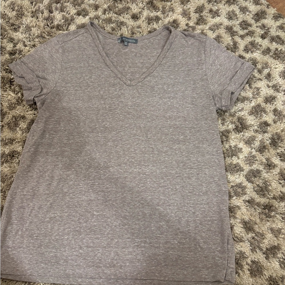 Wit & Wisdom beige V-Neck Tee with embellishment.  Elevated tee with good fabric